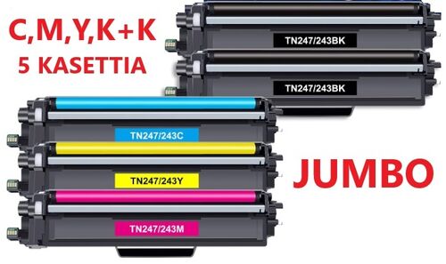 TN247 Brother 5-värin sarja KKCMY korvaava Premium, Bk 3000X2 / C,M,Y 2500 sivua, Takuu 3v.